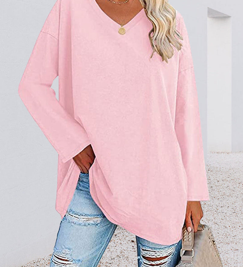 T-shirt femme uni col V manches longues