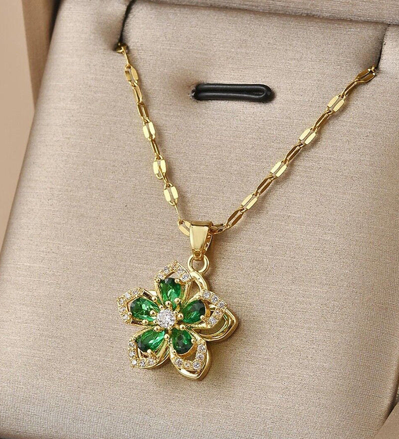 Collier pendentif rotatif à 360° à cinq pétales de fleur