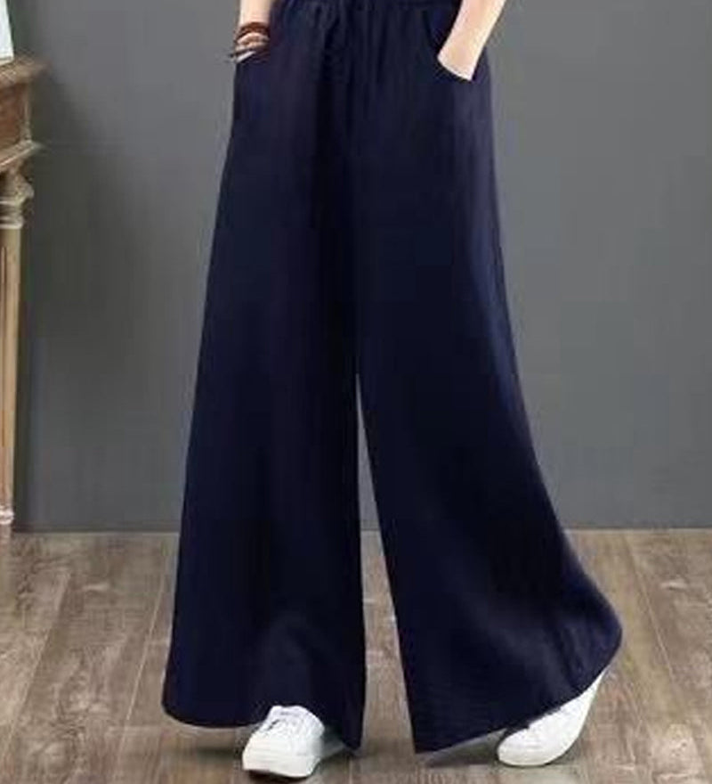 Pantalon large taille haute de couleur unie
