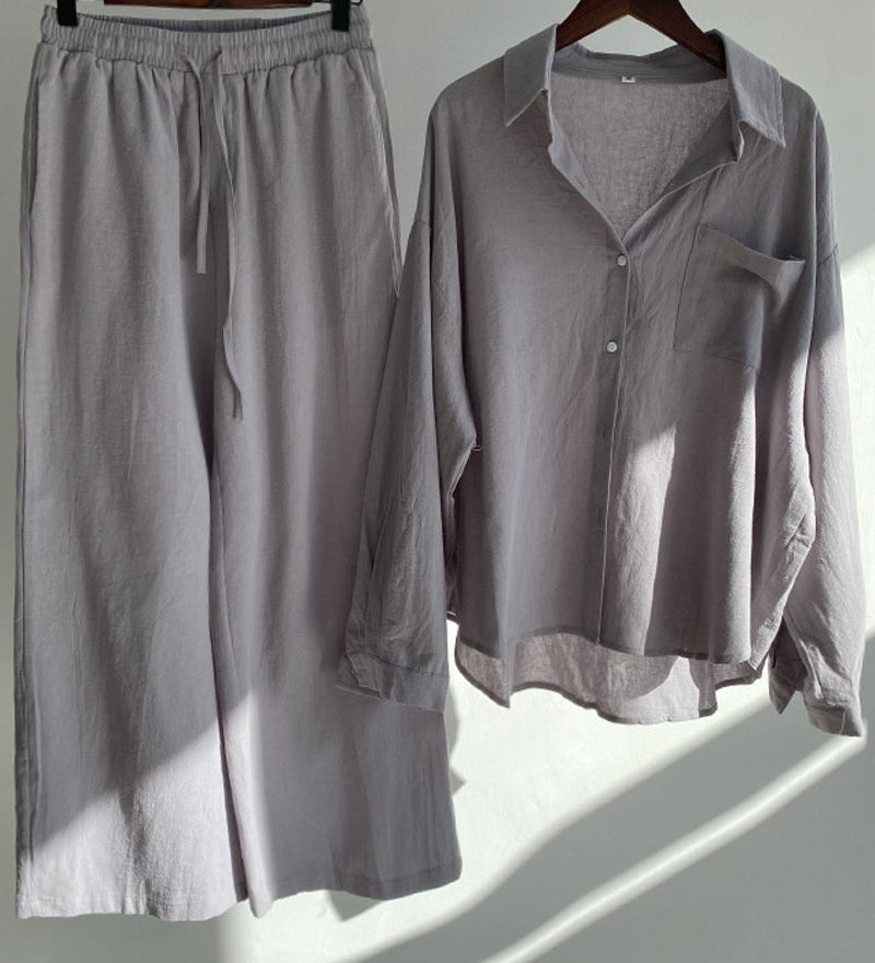 Ensemble deux pièces avec pantalon chemise de couleur unie