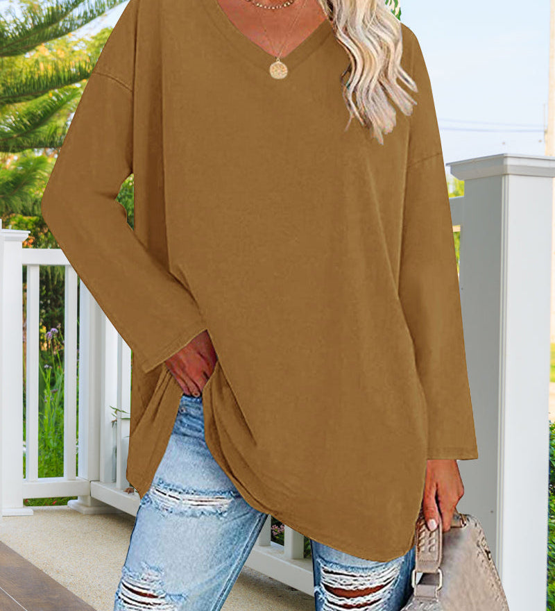 T-shirt femme uni col V manches longues