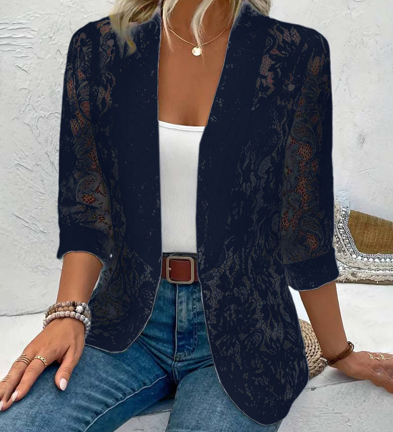 Manteau élégant à revers en dentelle florale de couleur unie
