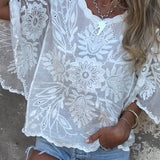 Blouse Manches Papillon Col Rond Brodé
