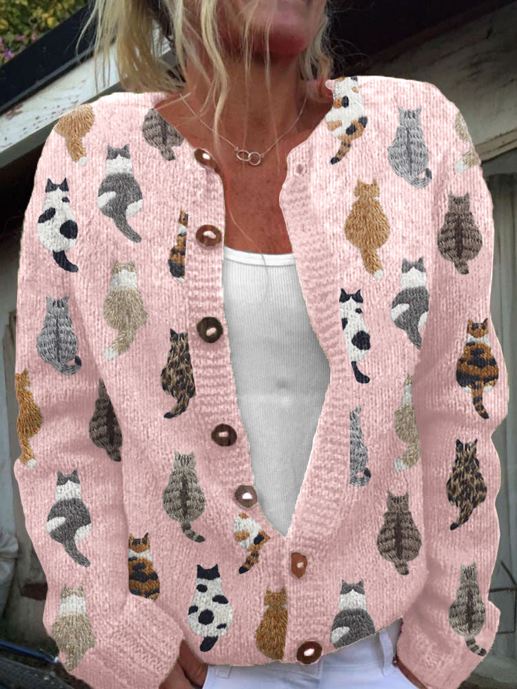 Cardigan boutonné beige à motif chats — Pascaline, LucieSaint-Tropez (vue 3)
