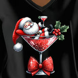 Haut Ample À Col En V Avec Imprimé De Verre De Vin De Noël