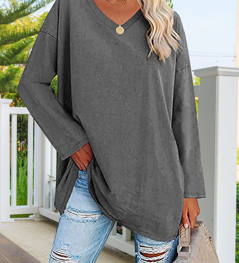 T-shirt femme uni col V manches longues