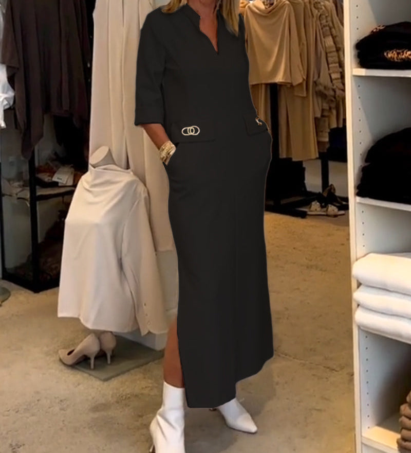 Robe fendue à manches 3/4 de couleur unie