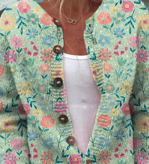 Cardigan boutonné vert d'eau à fleurs colorées — Livie, LucieSaint-Tropez (vue 2)