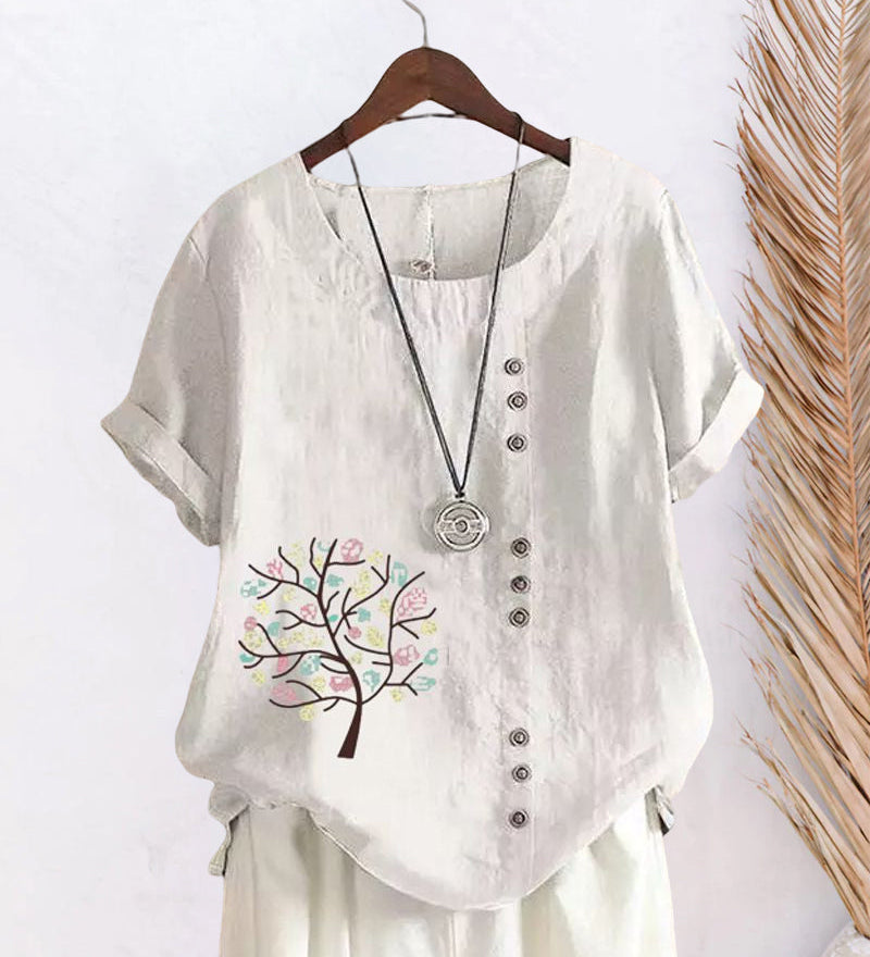 T-shirt col rond imprimé feuilles