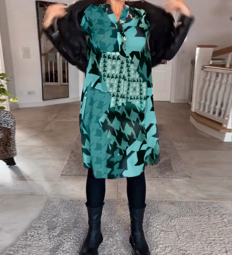 Robe imprimée à manches longues et col en V