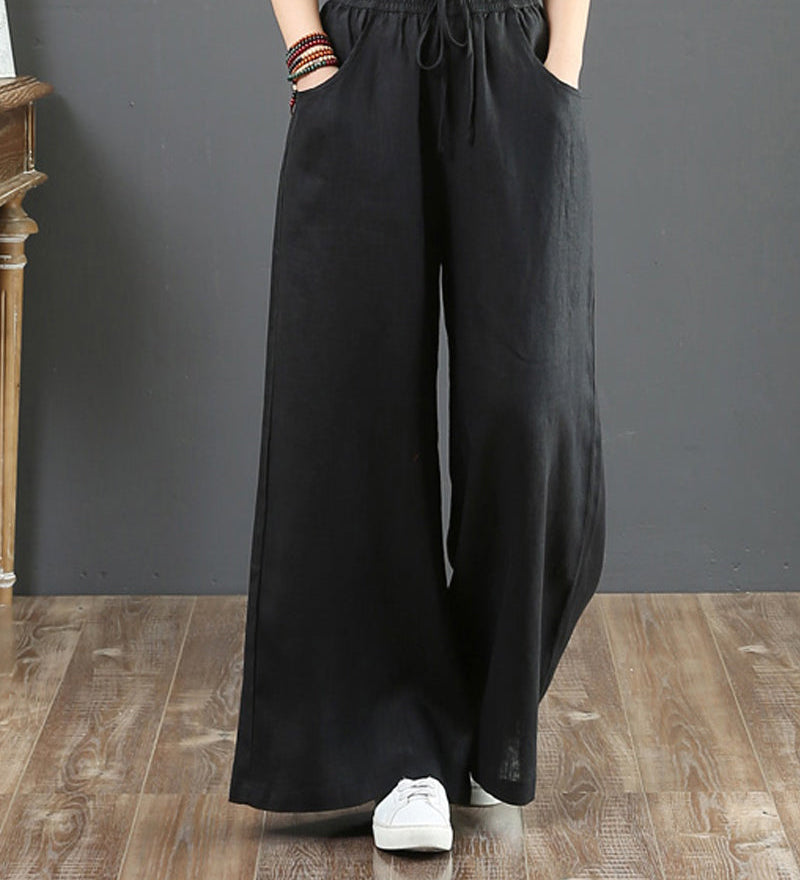 Pantalon large taille haute de couleur unie