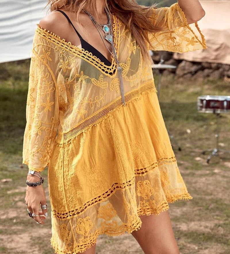 Smock V-Neck Brodé En Dentelle