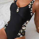 Maillot de Bain Sans Manches Imprimé Contraste Une-Pièce