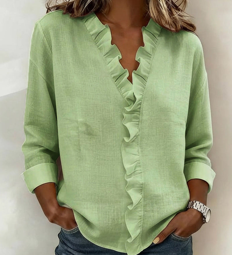Blouse Froncé Col En V Manches Longues