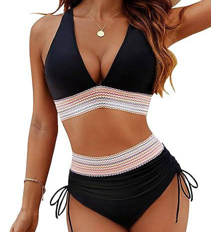 Bikini taille haute gainante à motif colorblock – maintien, confort et style tendance