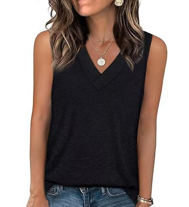 Débardeur T-Shirt Femme Sans Manches Col V Amincissant Coupe Décontractée