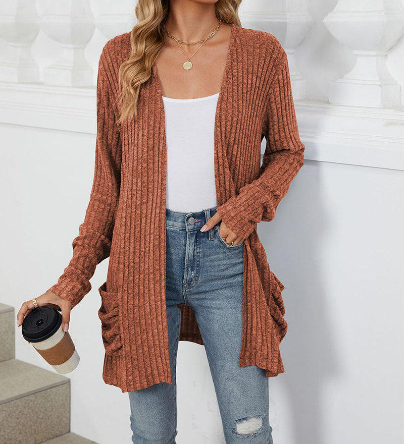 Cardigan décontracté à manches longues et poches de couleur unie