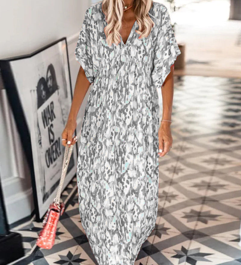 Robe tendance à col en V imprimée à manches courtes