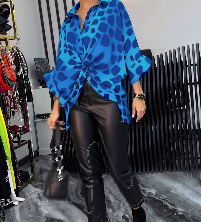 Blouse de tempérament imprimé léopard à revers