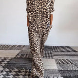 Ensemble décontracté à imprimé léopard avec haut ras du cou et poche, pantalon à jambe large