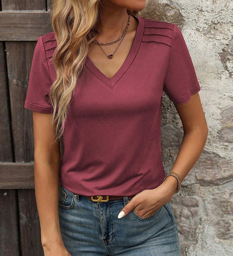 T - Shirt à Manches Courtes avec un Col V et une Couleur Uni