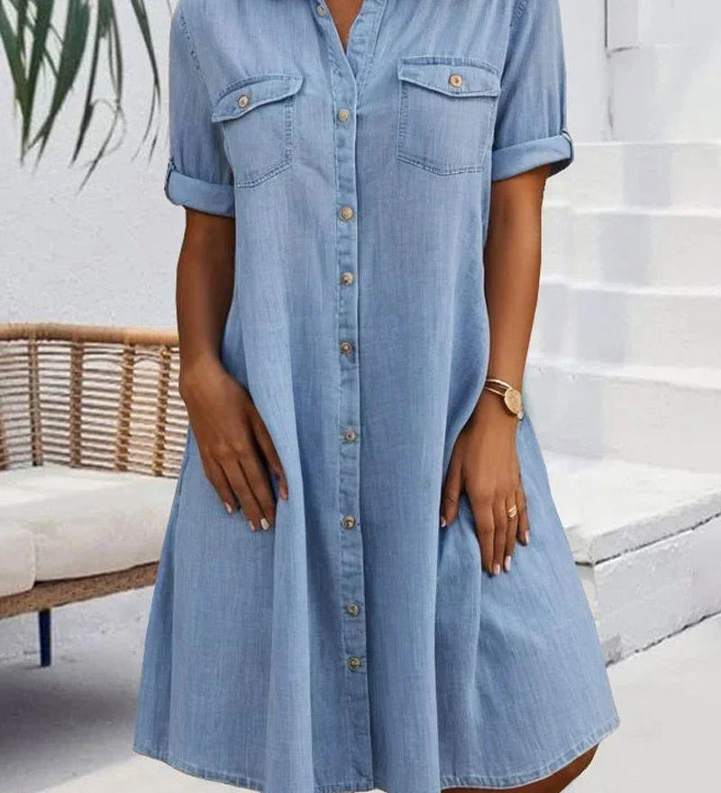 Robe Manches Courtes Col Solide Bouton