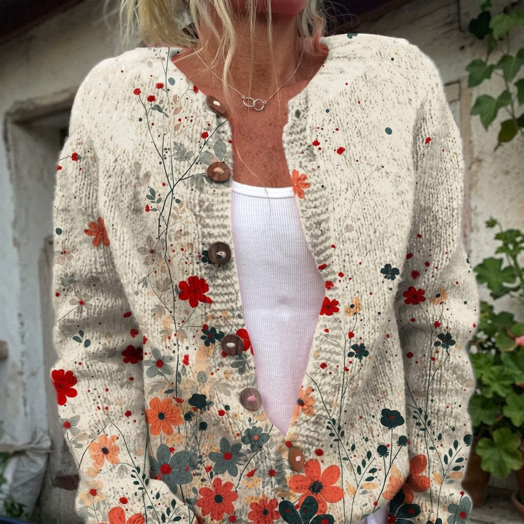 Cardigan boutonné crème à fleurs sauvages — Séraphine, LucieSaint-Tropez