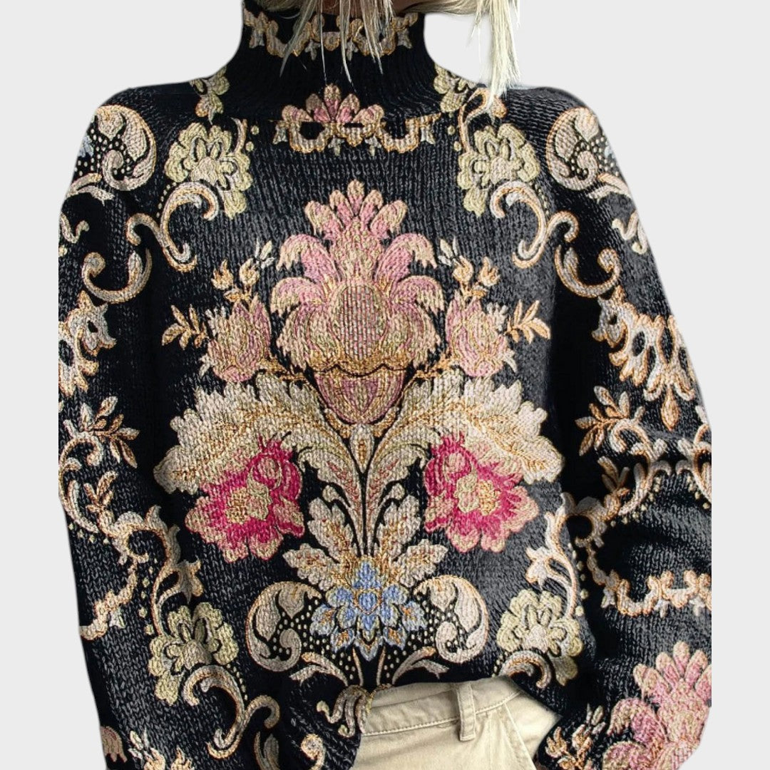 Pull col roulé noir à motif baroque fleuri rose et or — Juliette, LucieSaint-Tropez