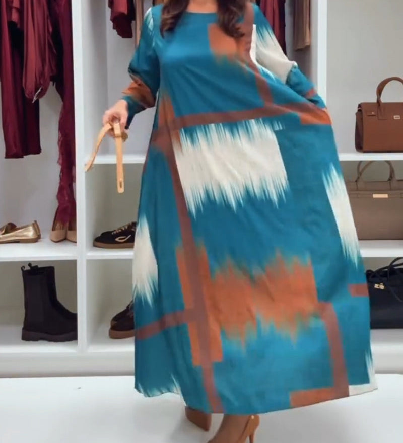 Robe Tendance Imprimée À Col Rond Et Manches Longues