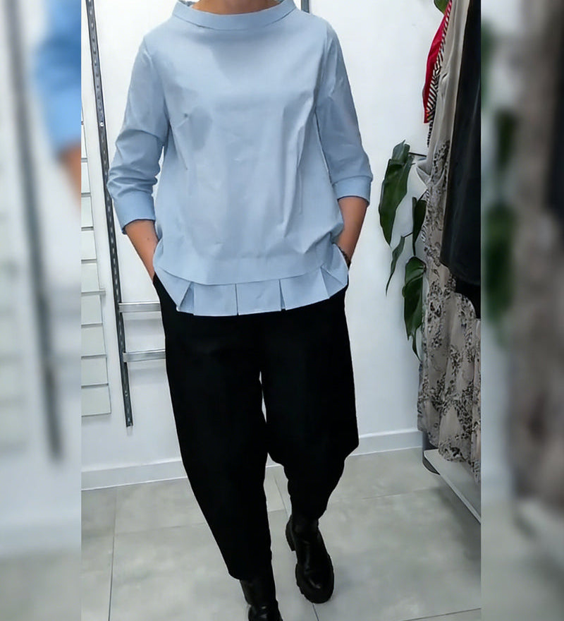 100% Coton Blouse Col Large Couleur Unie Décontracté