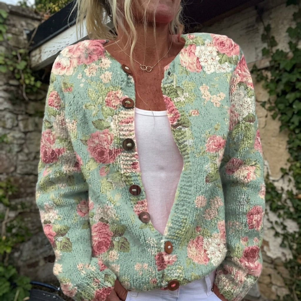 Cardigan boutonné vert sauge à roses — Irène, LucieSaint-Tropez