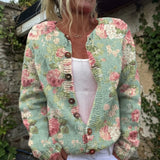 Cardigan boutonné vert sauge à roses — Irène, LucieSaint-Tropez