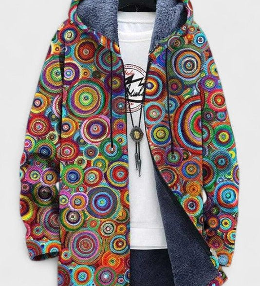 Gilet long à capuche doublé cercles multicolores — Cassandre, LucieSaint-Tropez