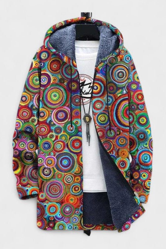 Gilet long à capuche doublé cercles multicolores — Cassandre, LucieSaint-Tropez