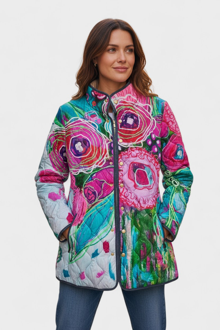 Veste matelassée à roses fuchsia et turquoise — Flore, LucieSaint-Tropez