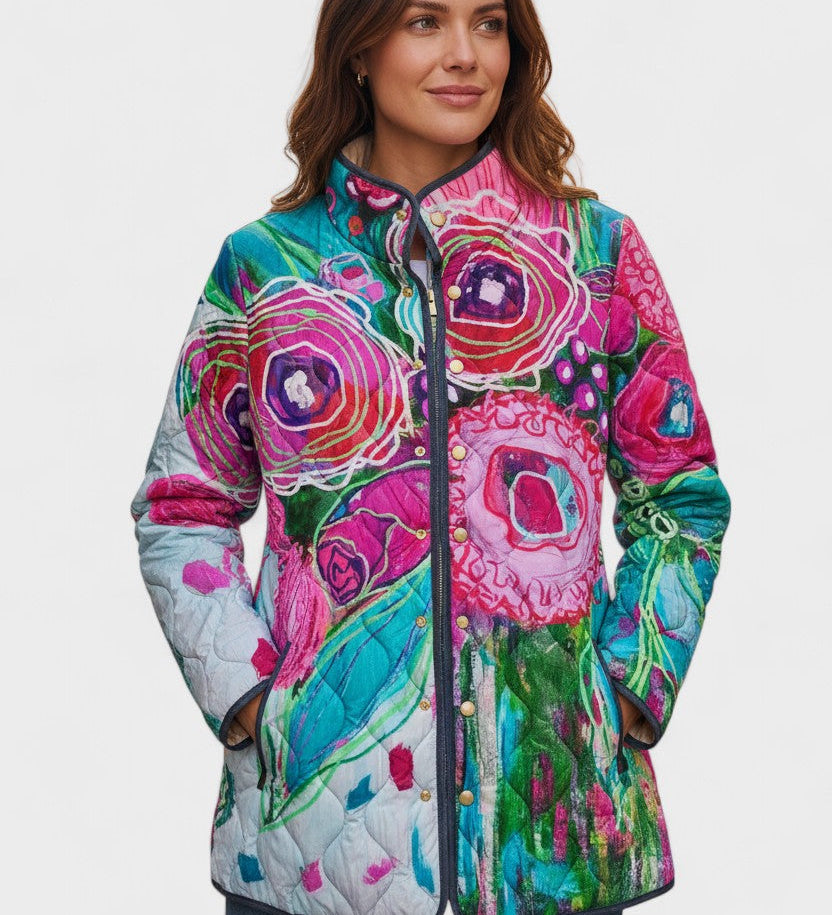 Veste matelassée à roses fuchsia et turquoise — Flore, LucieSaint-Tropez