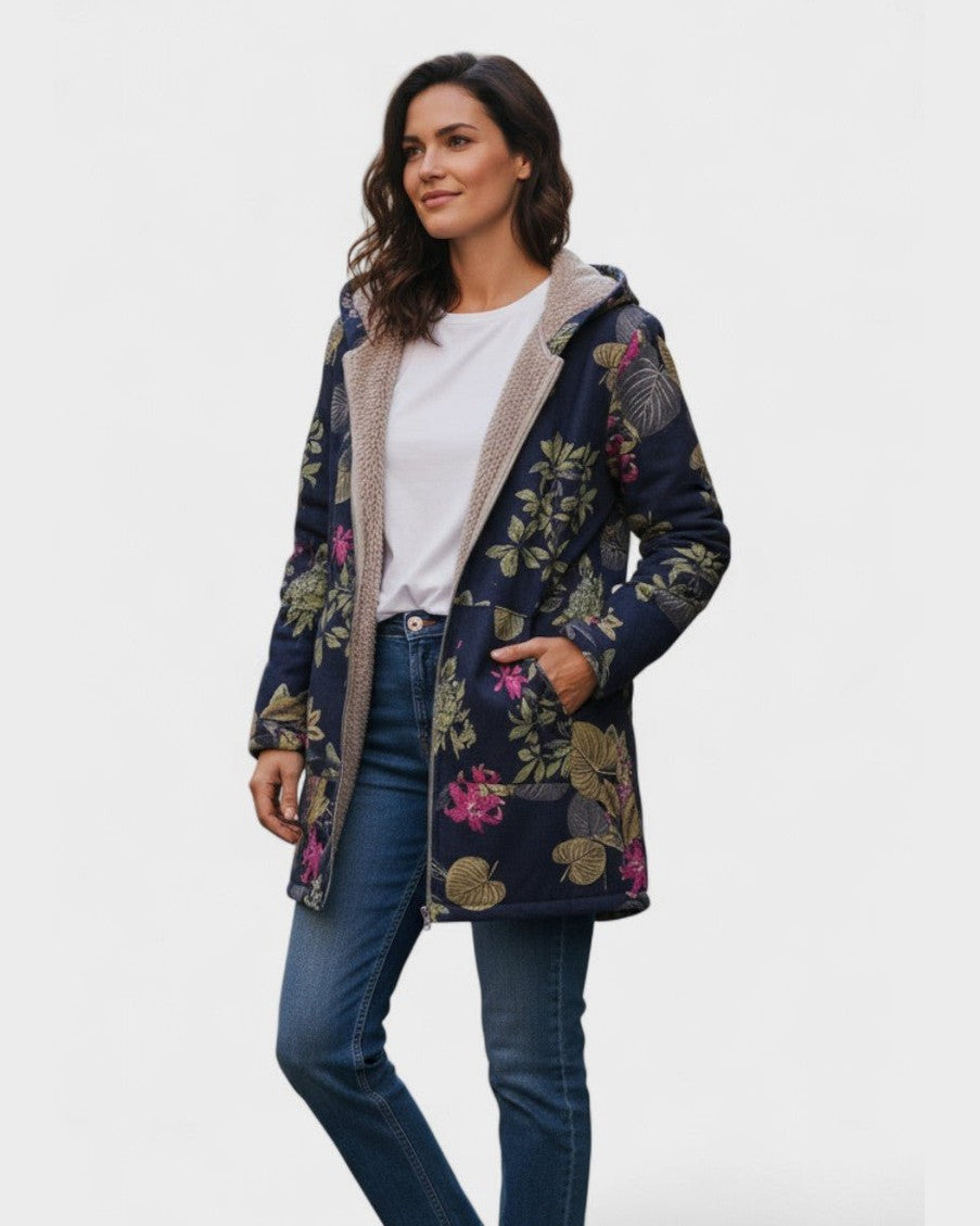 Manteau à capuche doublé bleu marine fleuri — Maëlle, LucieSaint-Tropez