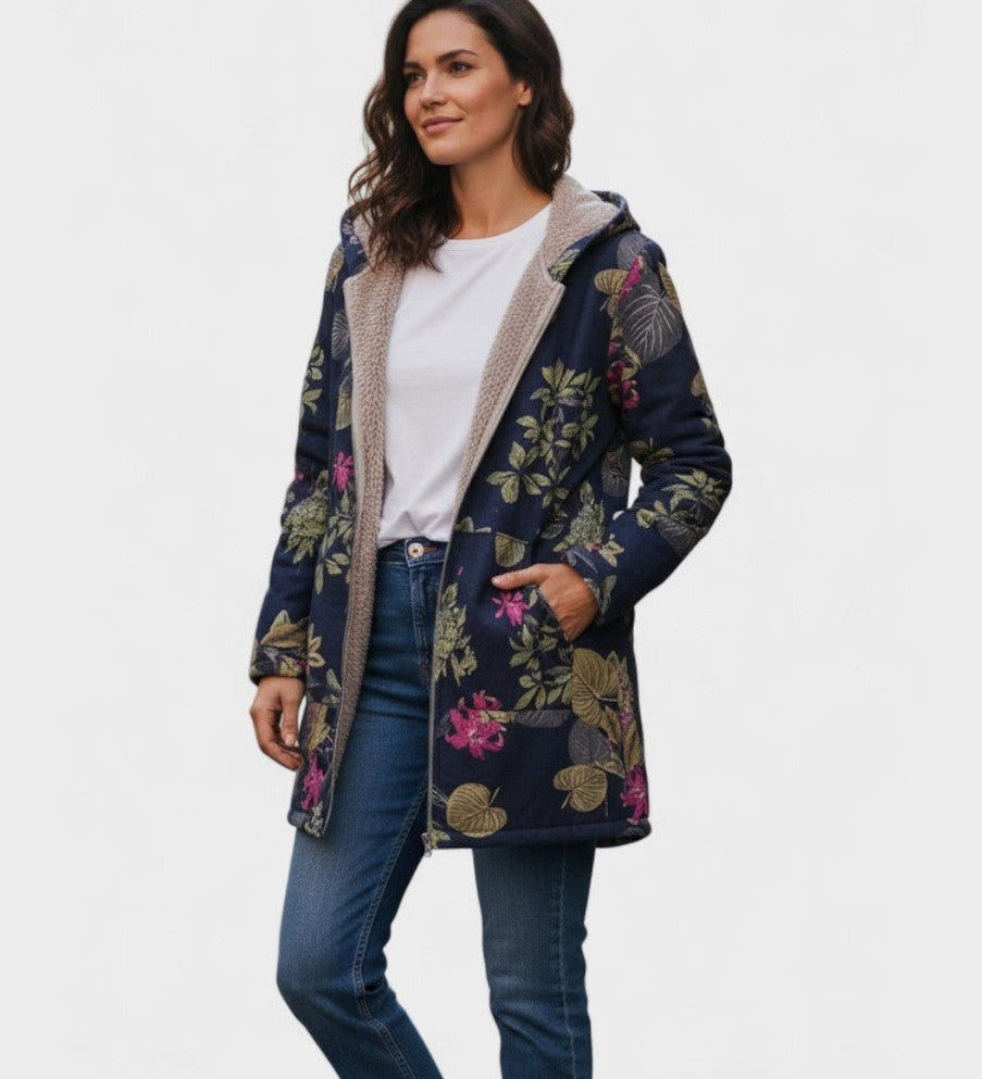 Manteau à capuche doublé bleu marine fleuri — Maëlle, LucieSaint-Tropez