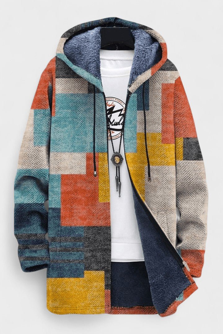 Gilet long à capuche doublé patchwork color block — Bérangère, LucieSaint-Tropez