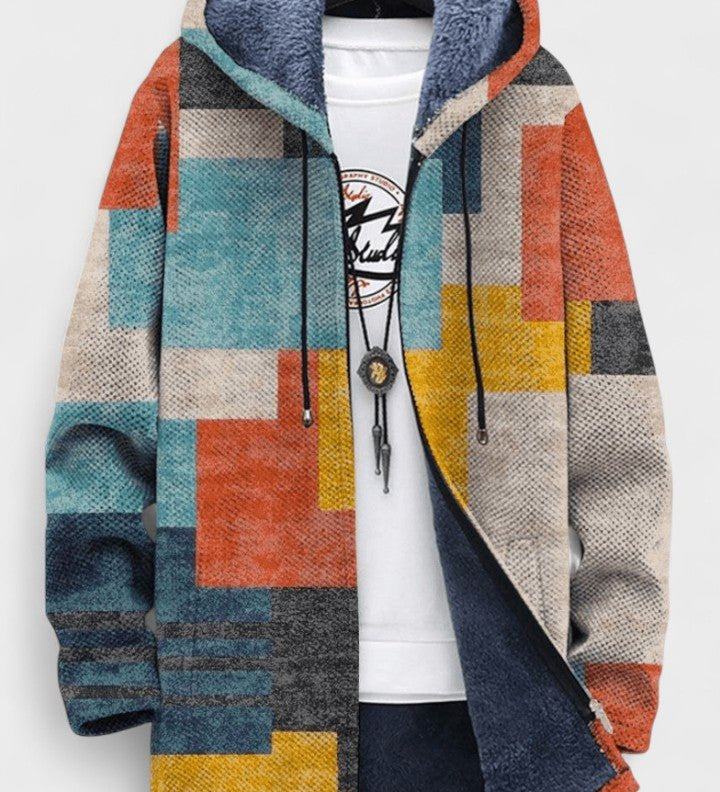 Gilet long à capuche doublé patchwork color block — Bérangère, LucieSaint-Tropez
