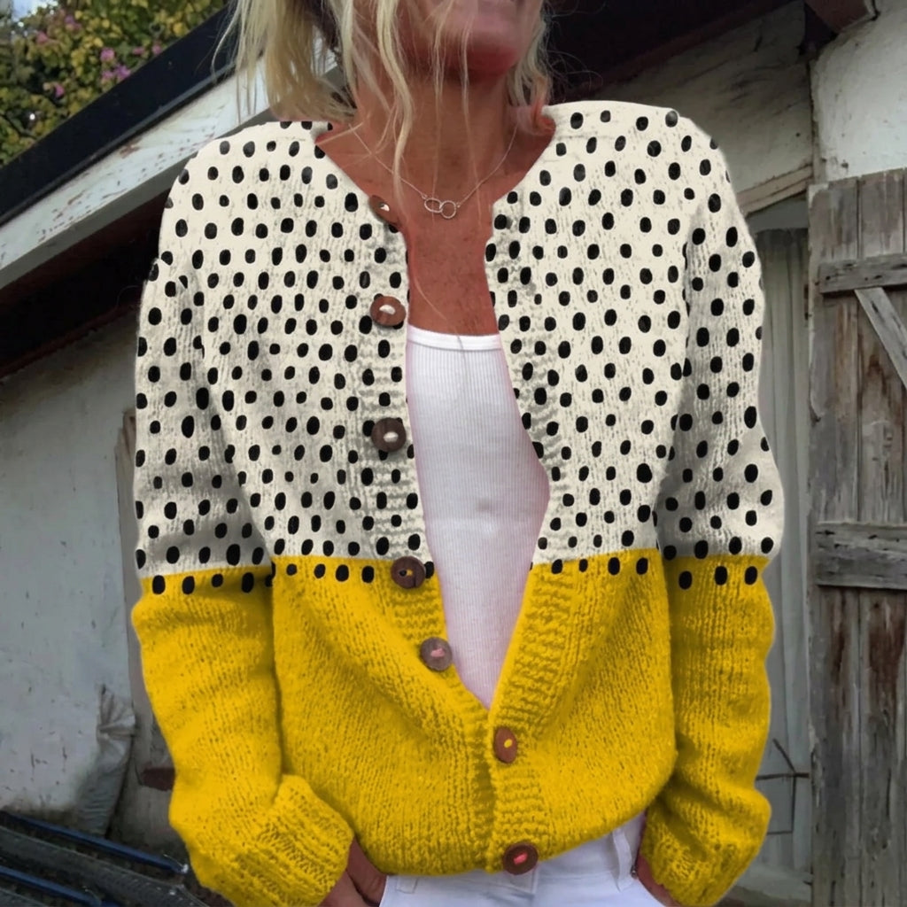 Cardigan boutonné à pois et jaune moutarde — Bénédicte, LucieSaint-Tropez