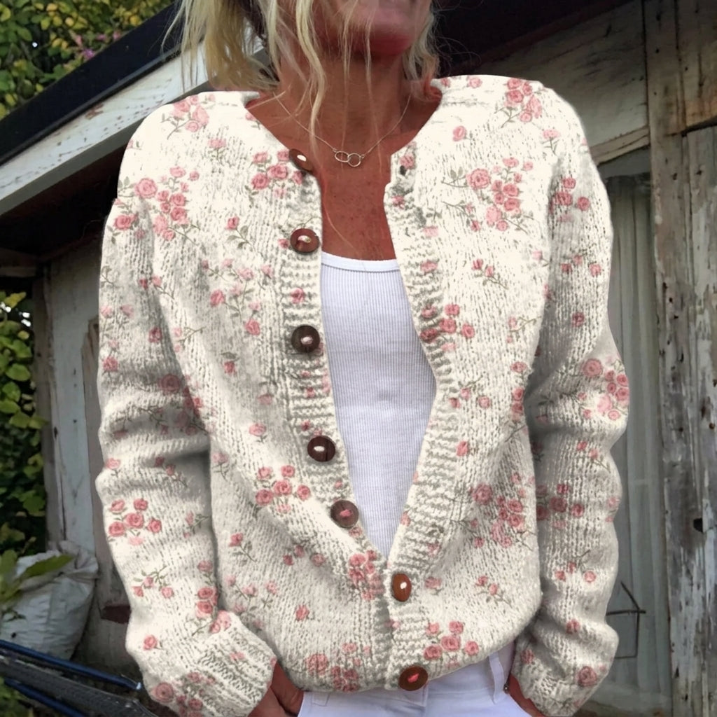 Cardigan boutonné crème à petites roses — Amélie, LucieSaint-Tropez