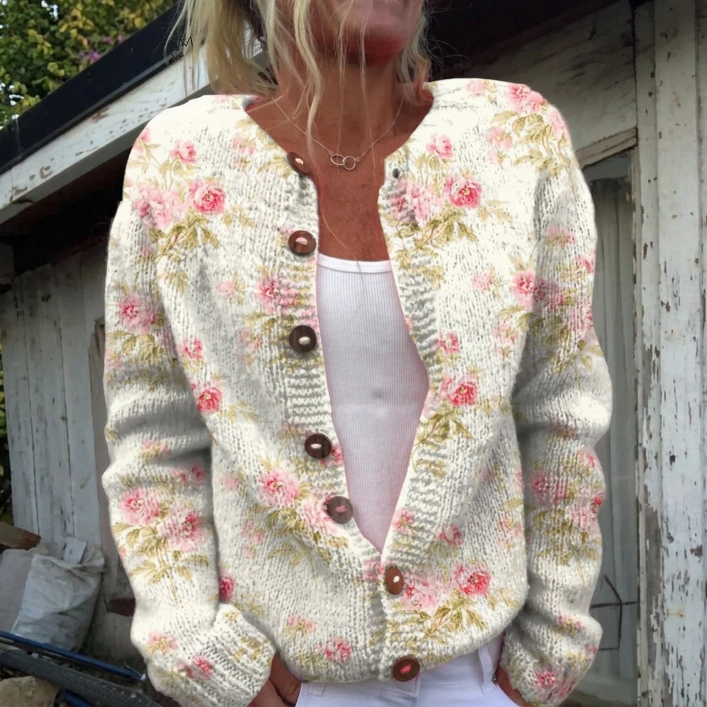 Cardigan boutonné crème à fleurs et feuillages — Henriette, LucieSaint-Tropez