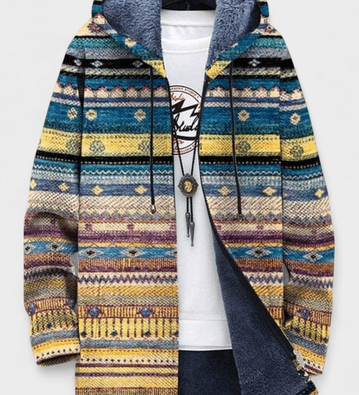 Gilet long à capuche doublé jacquard bleu — Zélie, LucieSaint-Tropez