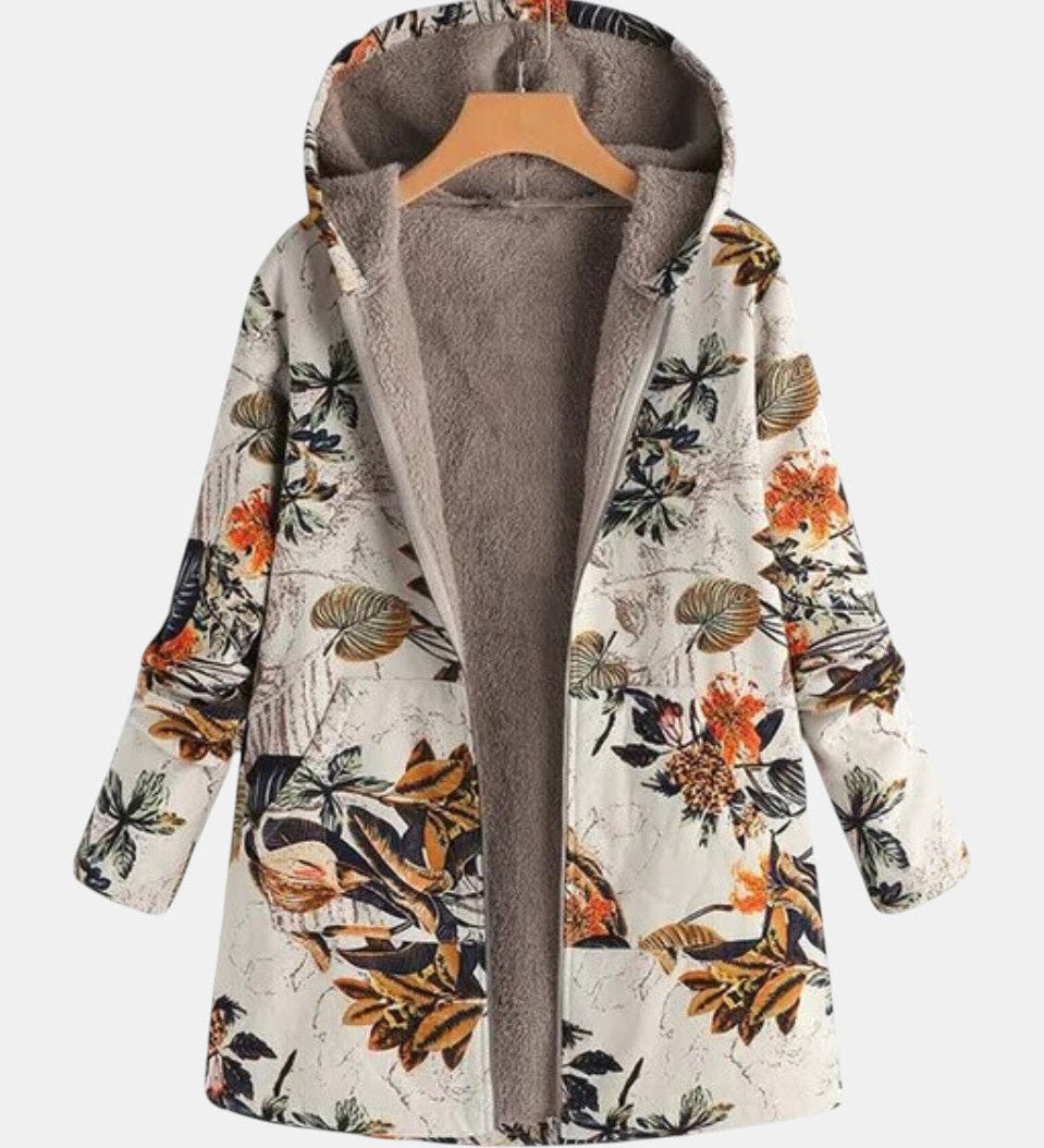 Manteau à capuche doublé crème à fleurs orangées — Lina, LucieSaint-Tropez (vue 2)