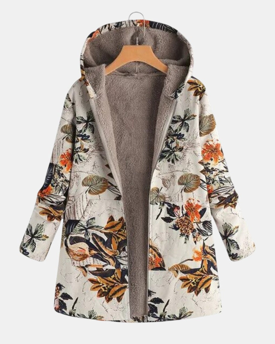 Manteau à capuche doublé crème à fleurs orangées — Lina, LucieSaint-Tropez (vue 2)