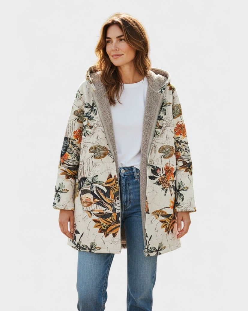 Manteau à capuche doublé crème à fleurs orangées — Lina, LucieSaint-Tropez
