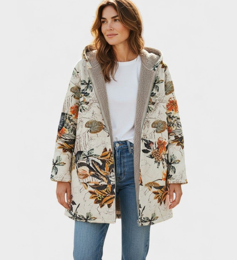 Manteau à capuche doublé crème à fleurs orangées — Lina, LucieSaint-Tropez