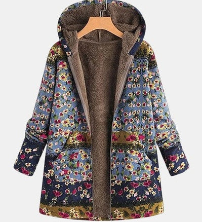 Manteau à capuche doublé bohème bleu fleuri — Estelle, LucieSaint-Tropez