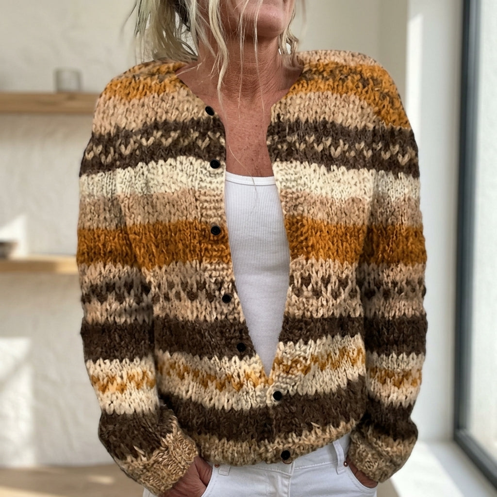 Cardigan boutonné rayé brun, ambre et crème — Bernadette, LucieSaint-Tropez